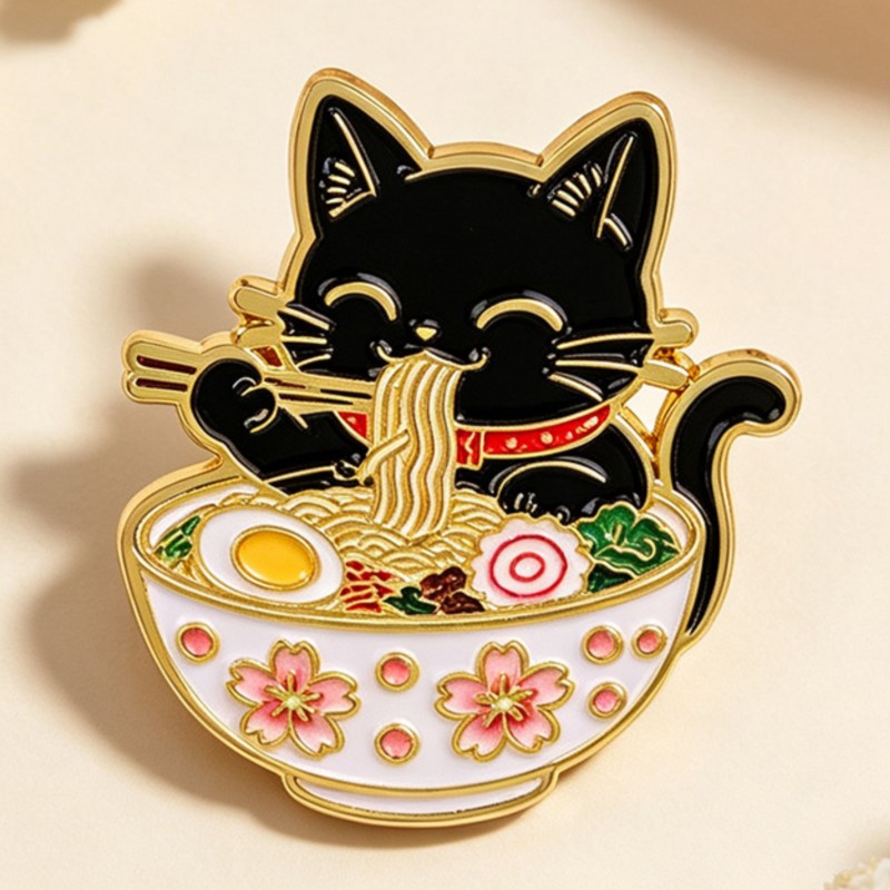 かわいい黒猫が麺を食べるエナメルピン、素敵な動物のラペルバッ - Embroidery Love のレビューと価格