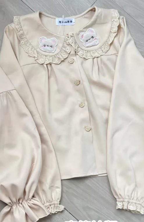 ロリータブラウス かわいいクマ刺繍 ピーターパンカラー 長袖 - Embroidery Cream のレビューと価格