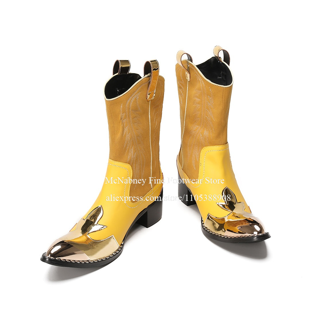 イエローゴールドメタルトゥスエードウエスタンカウボーイブーツ - Embroidery Yellow のレビューと価格