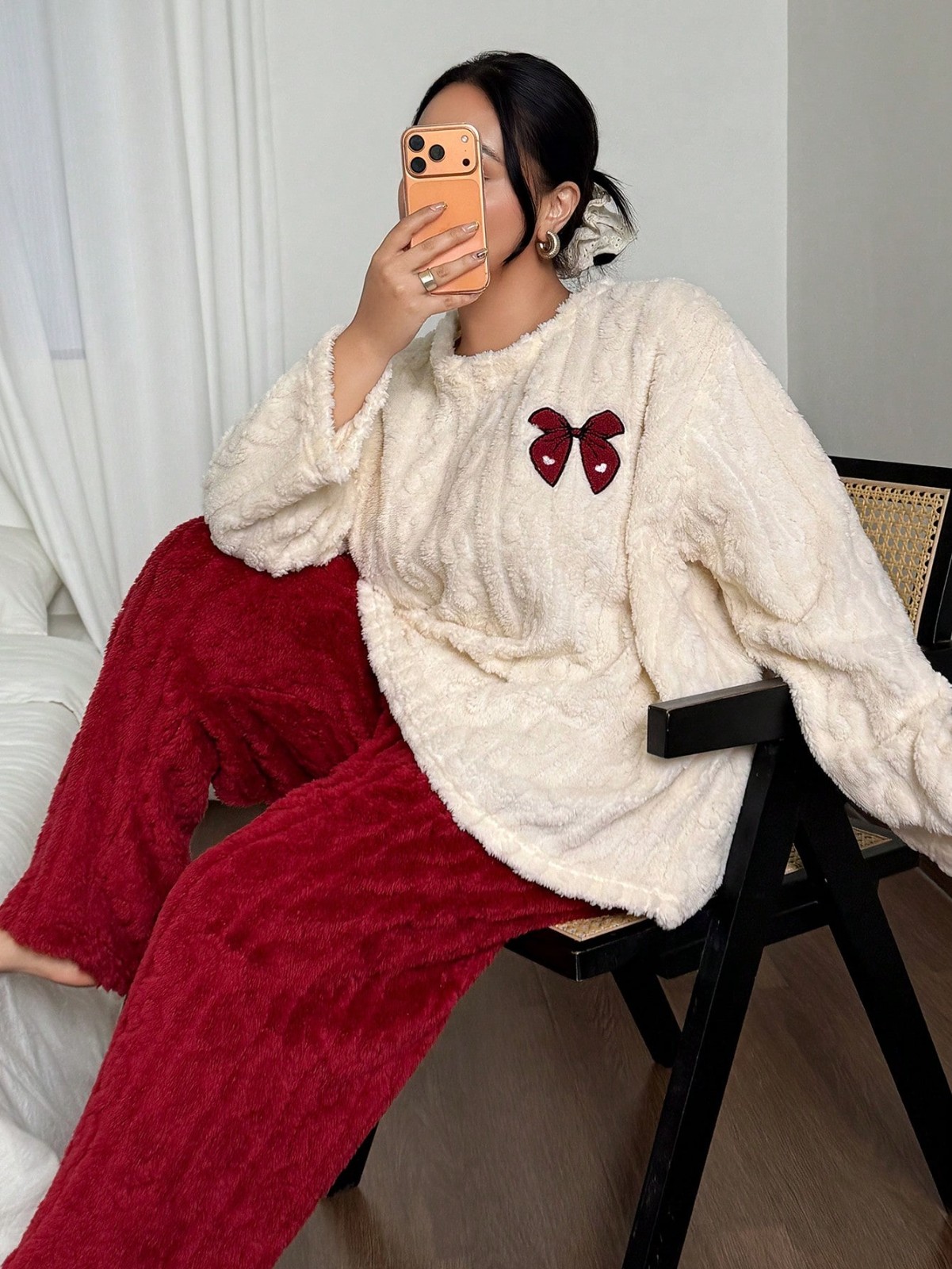 プラスサイズ 1XL-5XL 女性秋冬厚手のフランネルパジャ - Embroidery Red のレビューと価格