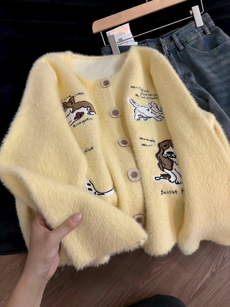 子犬刺繍ニットカーディガン女性用スイートカワイイプレッピーカ - Embroidery Yellow のレビューと価格